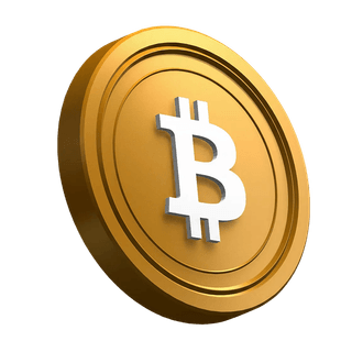 Representación de una moneda BTC Bitcoin inclinada ubicada como componente visual en la sección hero